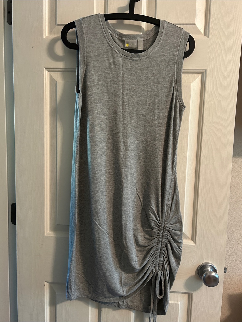 Zella Gray Sleeveless Midi Dress with Ruched Side Tie